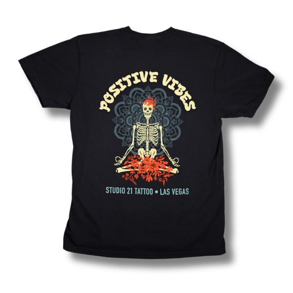 Studio 21 Tattoo Las Vegas NV  Positive vibes T Shirt with skeleton graphic with colorful studio 21 logo 