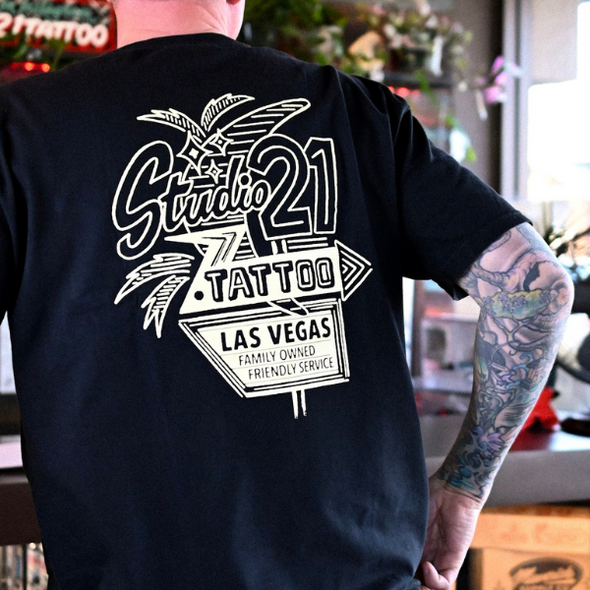 Studio 21 Tattoo Las Vegas NV vintage Vegas sign Black  t-shirt with studio 21 logo 