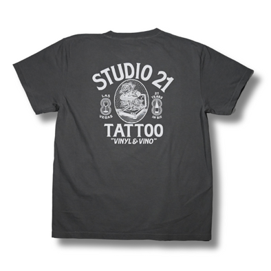 Studio 21 Tattoo Las Vegas NV Vino & Vinyl charcoal grey and white t-shirt with vino & vinyl graphic 