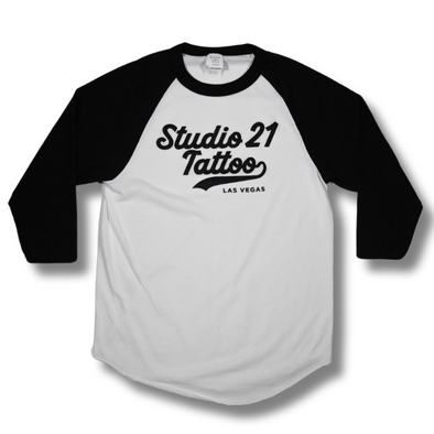 Studio 21 Tattoo Las Vegas NV baseball  black and white t-shirt with studio 21 logo 