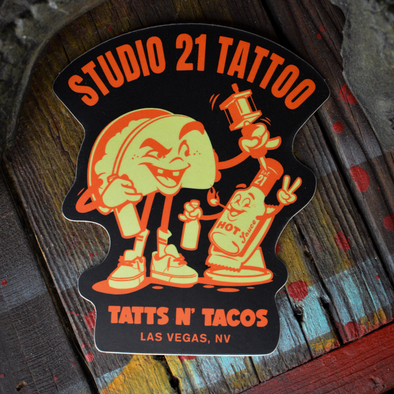 Studio 21 Tattoo Las Vegas NV Red Tatts n Tacos Logo Tattoo Themed Sticker 