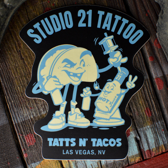 Blue and Red Tatts n Tacos Sticker